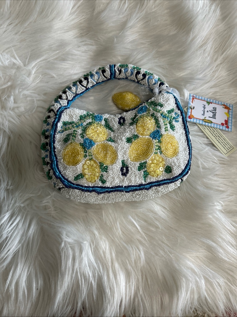 Beaded Lemon Motif Clutch in White and Yellow